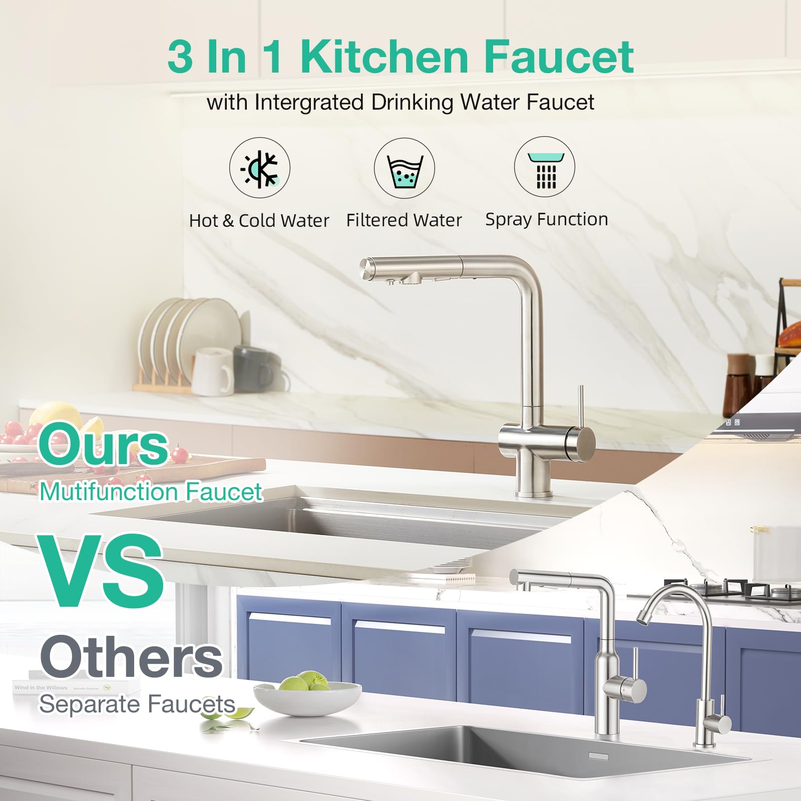 Faustina Rubinetto da cucina a 3 vie con doccetta estraibile, miscelatore monocomando, rubinetto per lavello, rubinetto da cucina per impianto di osmosi inversa e filtro dell'acqua in acciaio inox