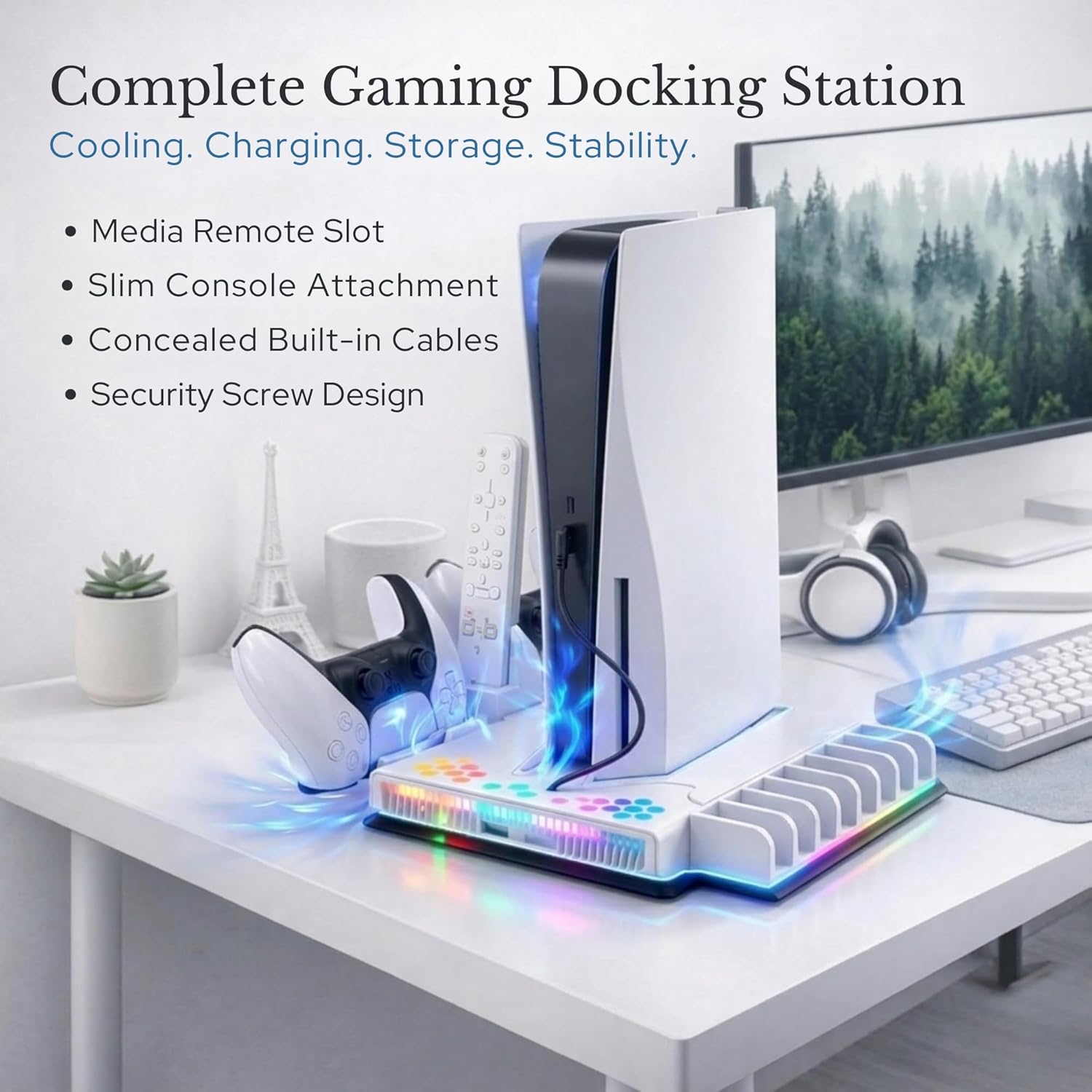 PS5/Slim/Pro Cooling Station & Stand for Disc & Digital Console - PS5 Charging Station with RGB Lights - PS5 Controller Charger Built-in 3 Level & Adjustable Fan - PS5 Accessories