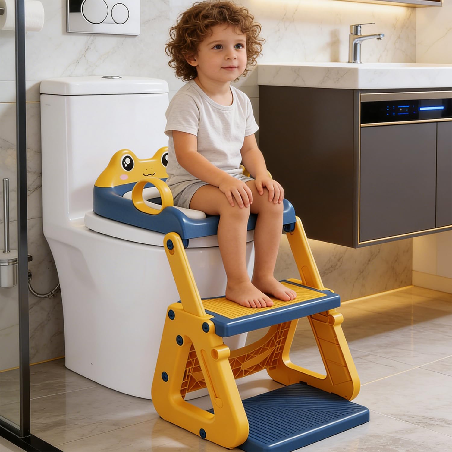 Reducteur Toilette Enfant avec Marche,Stabiliser Rehausseur Toilette Enfant avec Structures Triangulaires,Adaptateur Toilette pour Enfants Garçons et Filles,Antidérapant et Pliable,Bleu