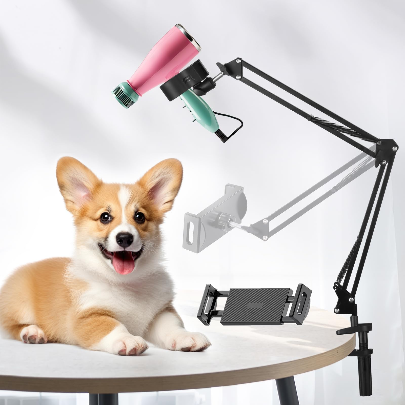 Black Dog Hair Dryer Holder - 360° Rotating Hands-Free Stand with Adjustable Clamp for Blow Dryers,3-in-1 Holder for Pet Hair Dryer, Tablet, and Phone Holder,Flexible, Sturdy, Safe