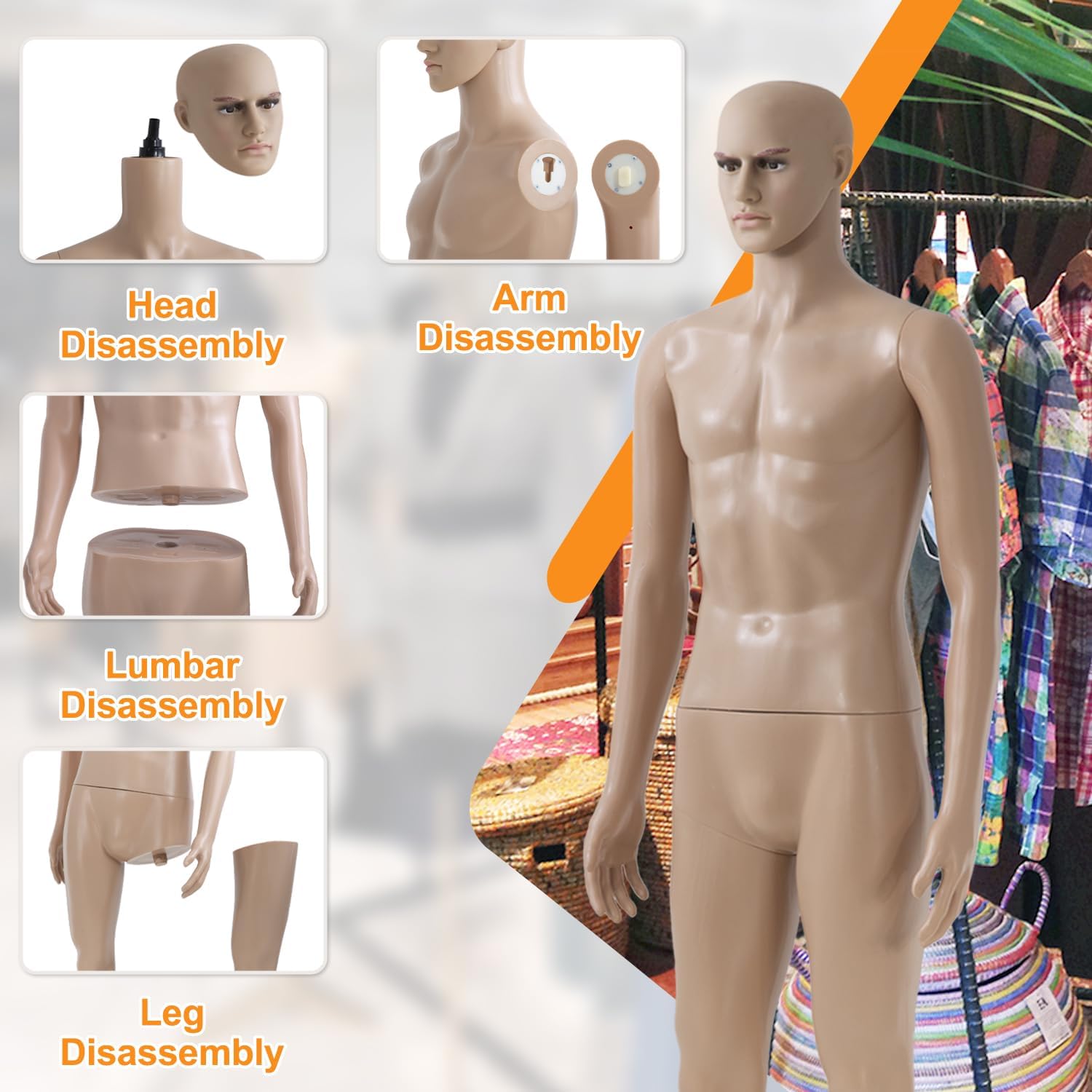 Mannequin Torso Male Dress Form Detachable Manikin 73" Adjustable Dummy Mannequin Stand Realistic Full Body Mannequin with Metal Base Plastic Head Turns Poseable Model Display