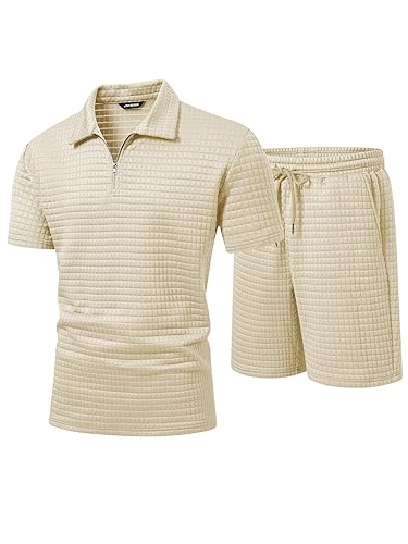 Men's 2 Piece Waffle Knit Outfit Half Zip Polo Shirt