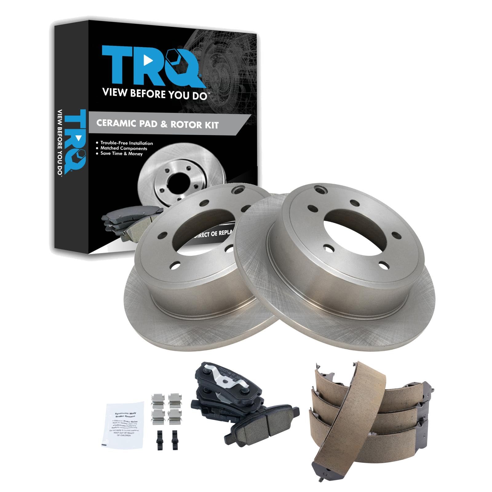 TRQ Rear Brake Pad and Rotor Set Ceramic Parking Brake Shoe Compatible with 2014 Dodge Avenger