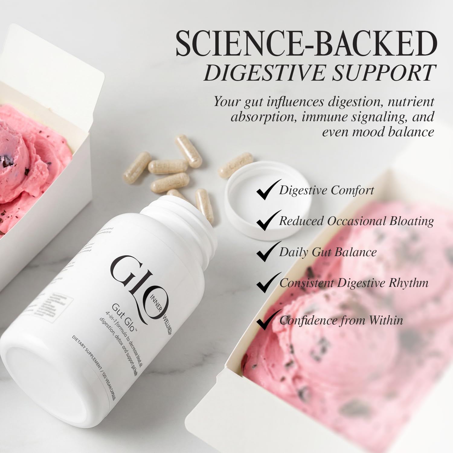 Gut Glo Natural Bloating Relief, Gut Health, Digestion & Constipation Aid 4-in-1 Probiotic, Digestive Enzyme, Magnesium & Organic Herb Capsules - Vegan, 120 Count