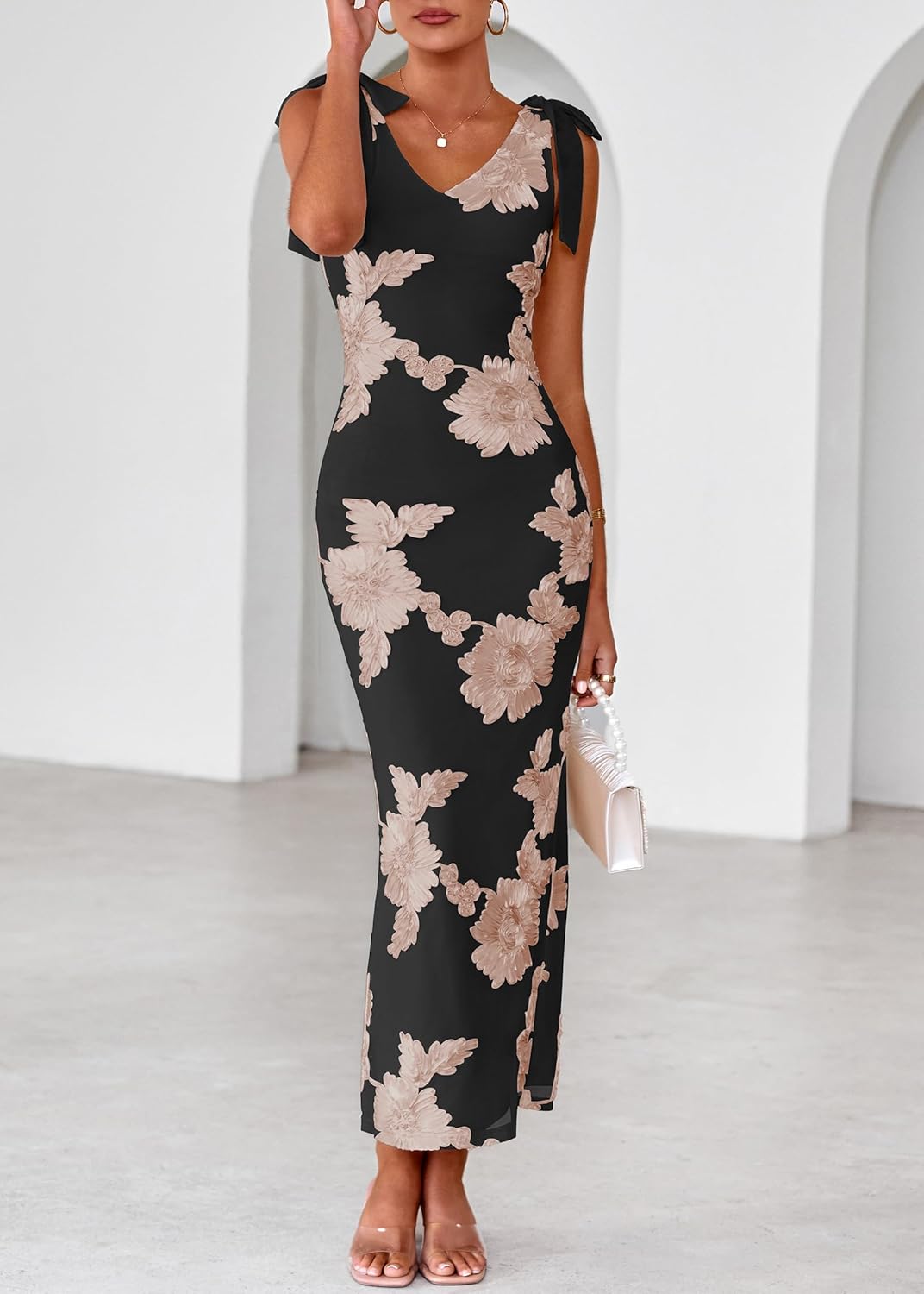 Lazysmile Womens Floral Embroidered Maxi Dress Sleeveless V Neck Tie Strap Ribbon Flower Mesh Party Cocktail Dresses - Image 3