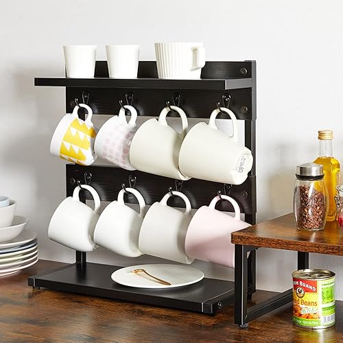 Miniatura 2 de IBUYKE Soporte rústico para tazas de café, 2 niveles con base de almacenamiento, soportes vintage para tazas de cocina, capacidad para 8 tazas,