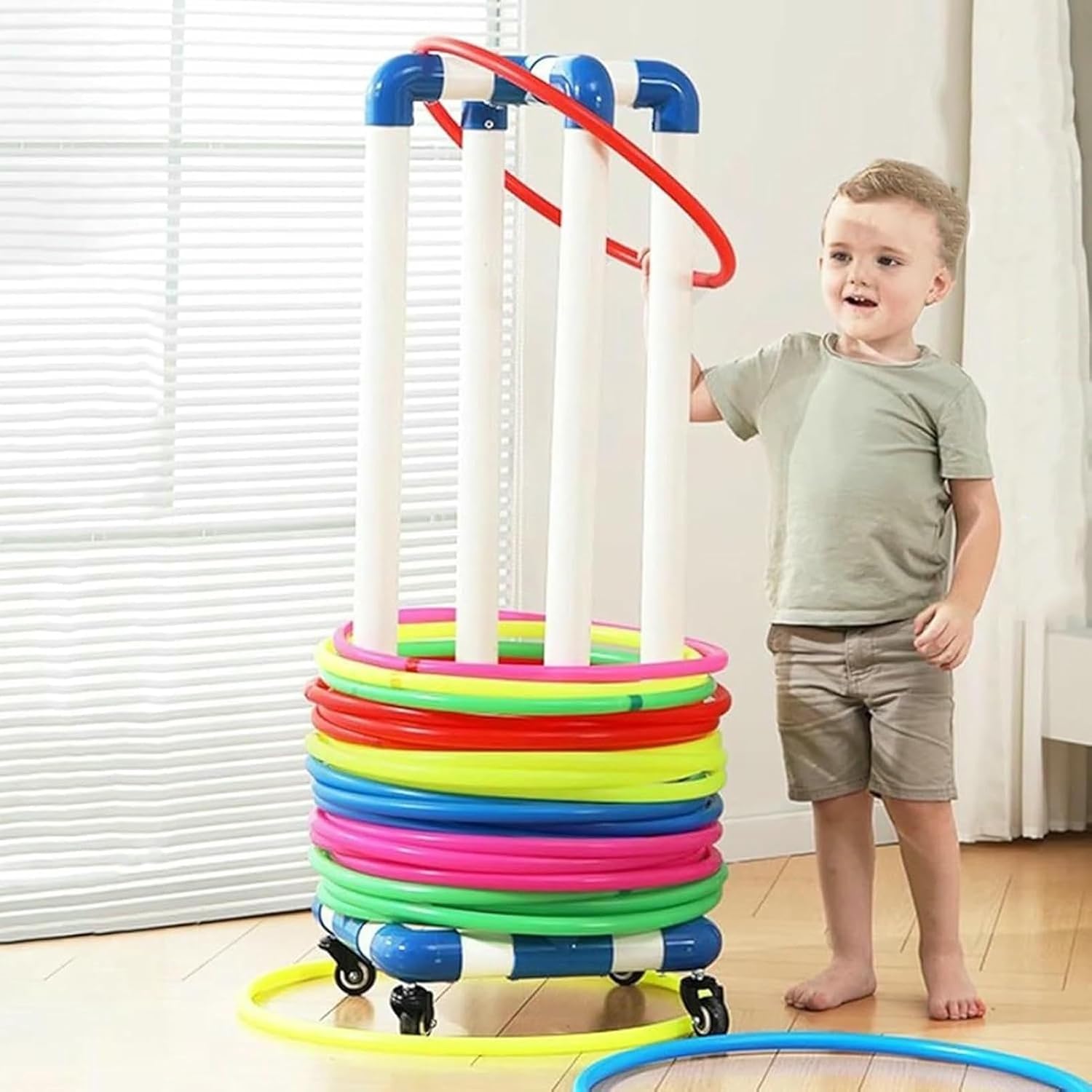 PVC Hula Hoop and Jump Rope Storage Holder Cart, Heavy Duty Hula Hoop Stand with Wheels, School Gym Sport Equipment Rack, Basement Studio Fitness Organizer