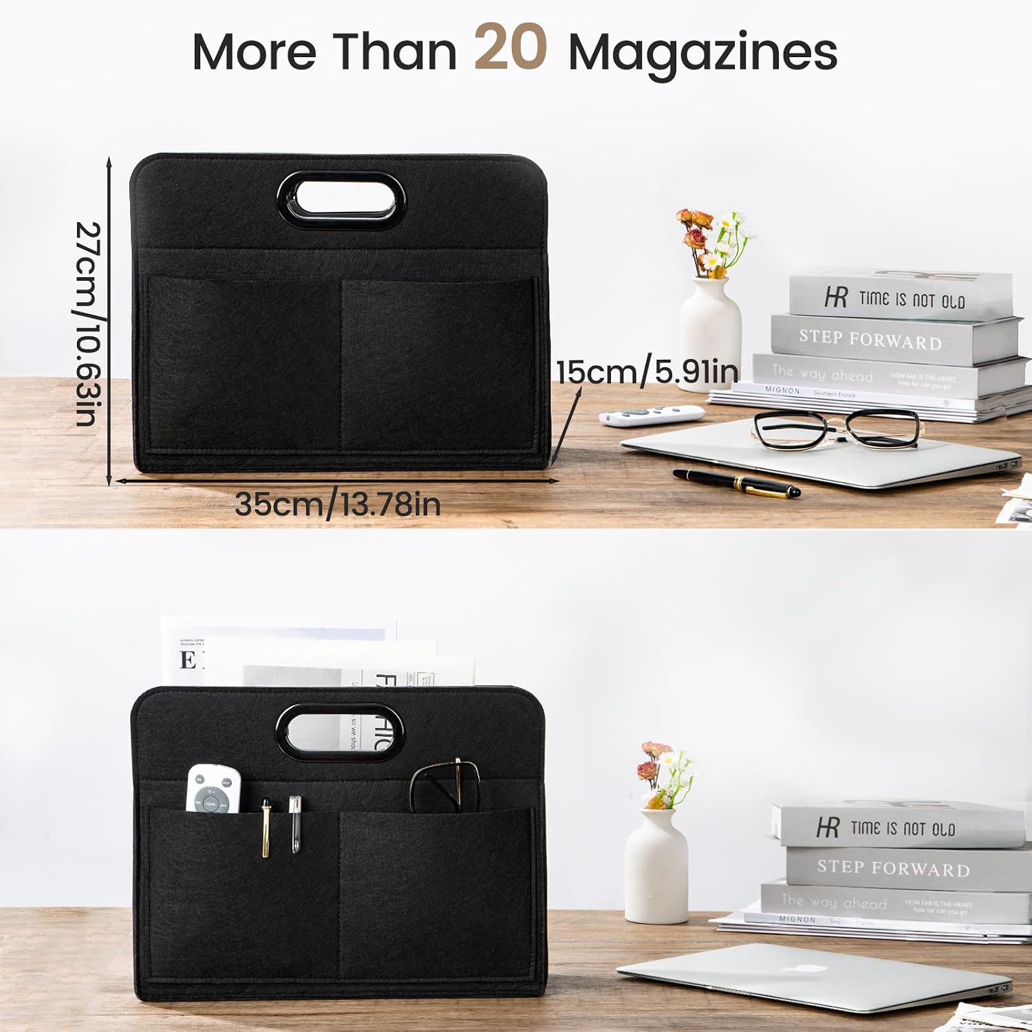 Magzine Holder,Felt foldable Magazine Basket for Storage Organizer, Magazine Newspaper File Laptop Folder with 4 Pockets for dorm, Living Room, Office Storage Holder Bag, Black