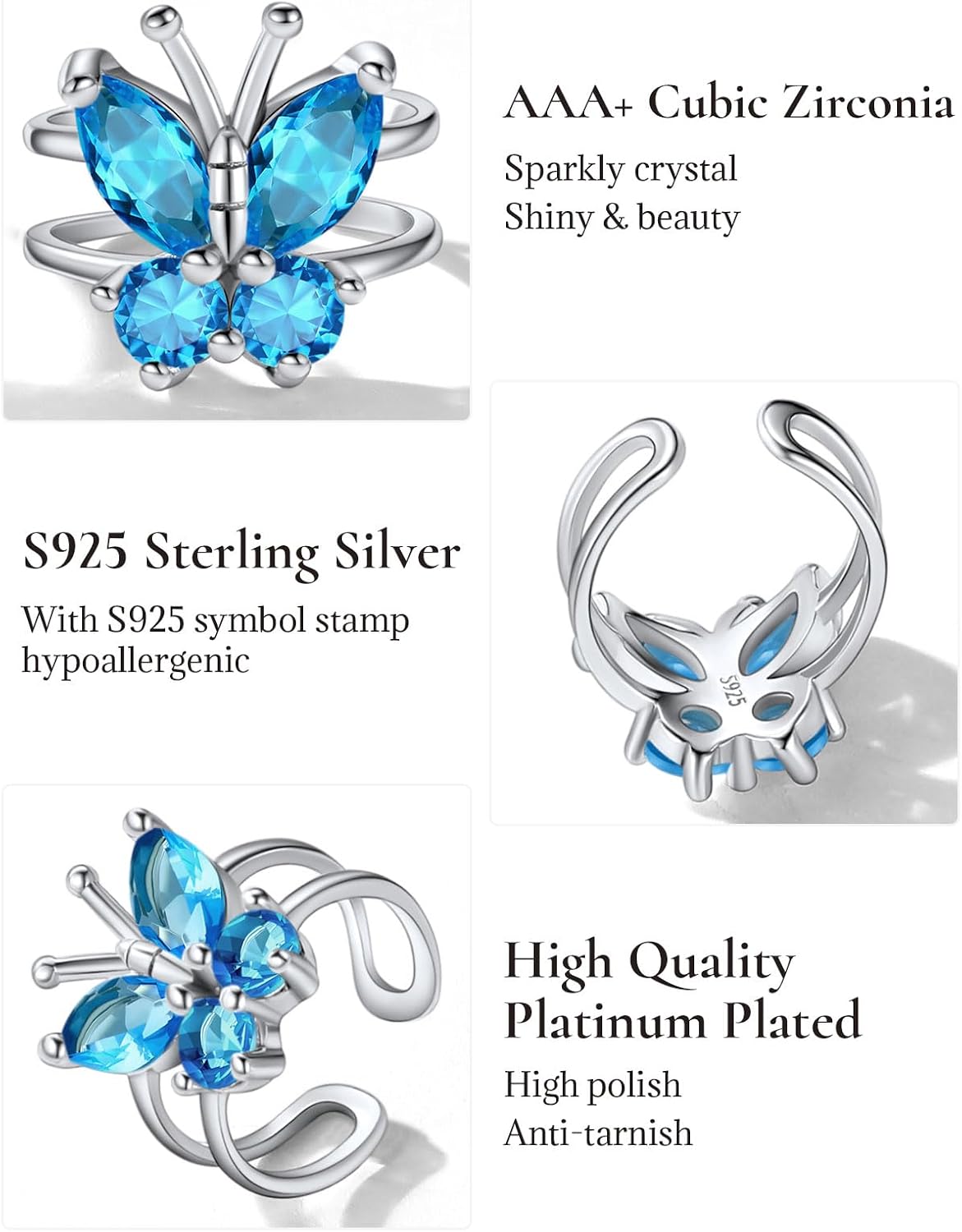 SILVERCUTE 925 Sterling Silver Butterfly Earrings for Women,Butterfly Birthstone Stud Earring/Ear Cuffs,Hypoallergenic Birthday Earrings for Women