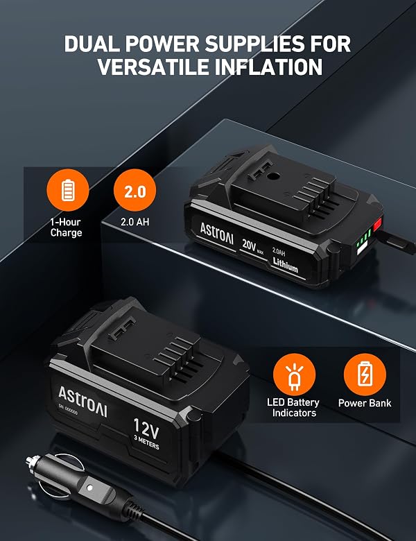 AstroAI C2 Cordless Tire Inflator Air Compressor 20V Rechargeable Battery Powered 160PSI Portable Handheld Air Pump with 12V Car Power Adapter Digital Pressure Gauge for Cars Motorcycles Gift Blue by AstroAI - Image 6