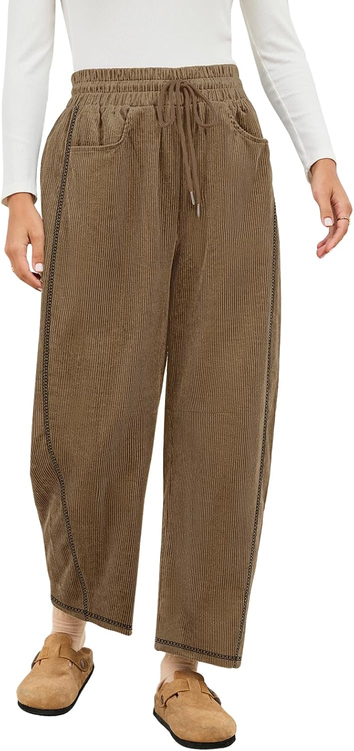 Tanst Sky Womens Corduroy Barrel Pants Wide Leg Drawstring Elastic Waist Baggy Ribbed Trouser with Pockets - Image 2