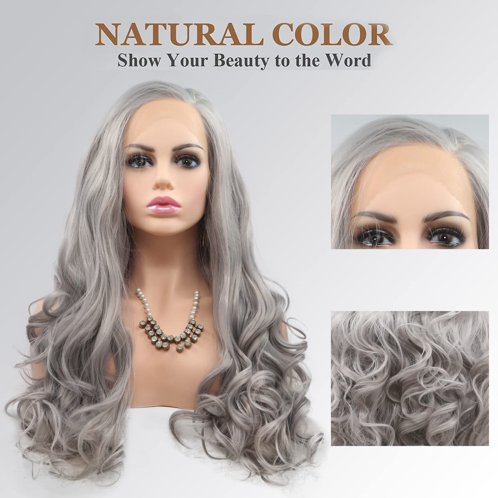 Silver Grey Wigs for Women Long Wavy Synthetic Lace Front Wig Gray Silver Real Hair Wig Handmade Glueless Front Lace Wig Natural Hairline Heat Resistant Hair Drag Cosplay Daily 24 Inches Wigs - Image 3