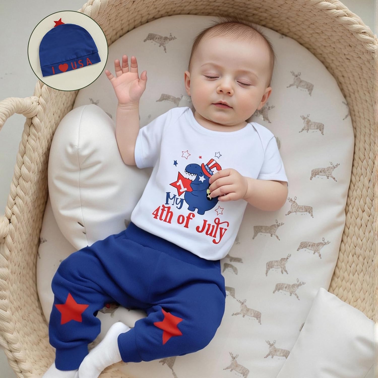 My 1st 4th of July Baby Boy Outfit Short Sleeve Dinosaur Romper Stars Pants Hat Set Newborn Fourth of July Clothes