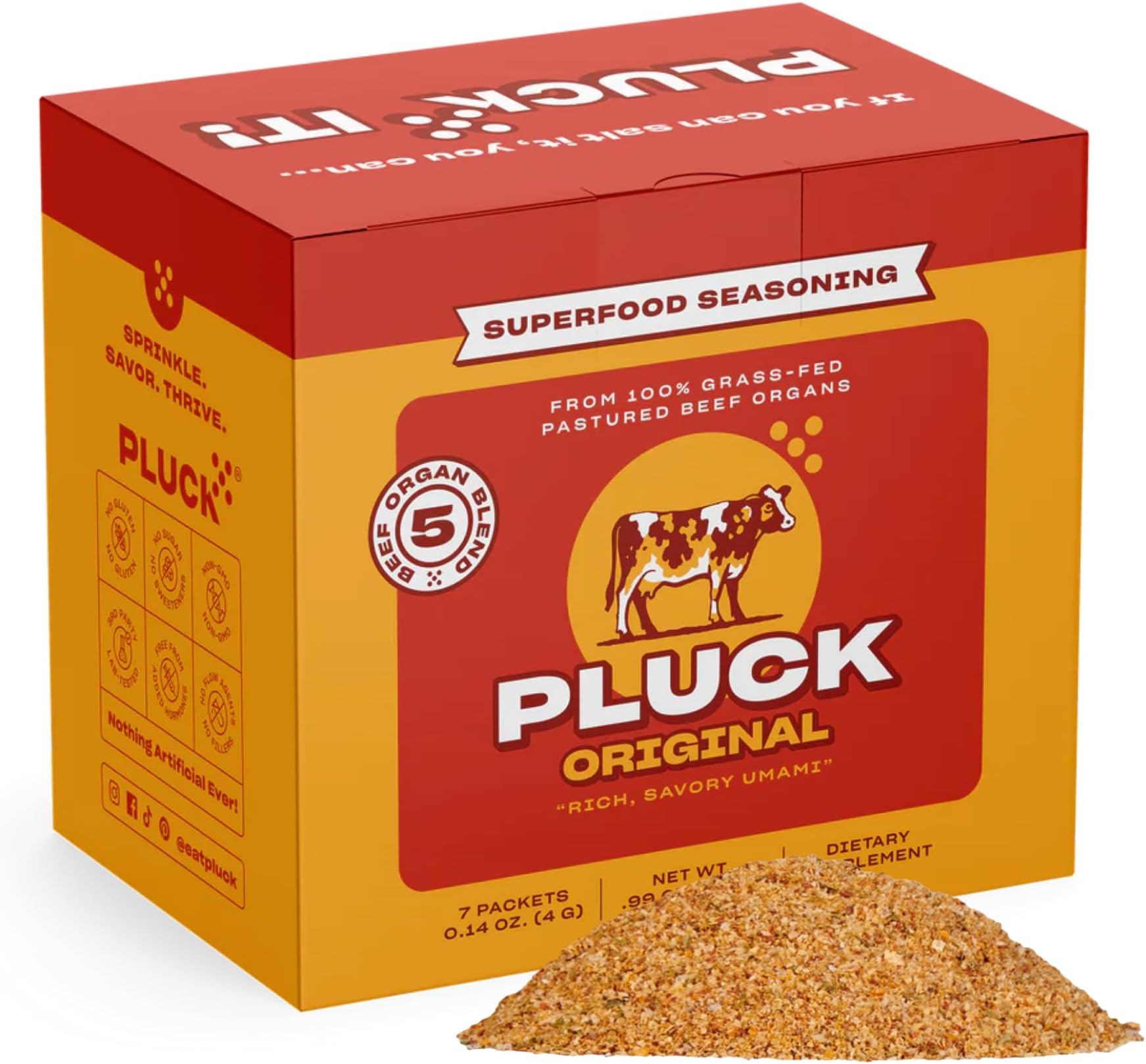 Pluck All-Purpose Organ Meat Blend Seasoning Travel Pack | From Grass-Fed & Grass-Finished Pastured Beef Organs with Redmond Real Sea Salt | 7 Packets, 14 Servings