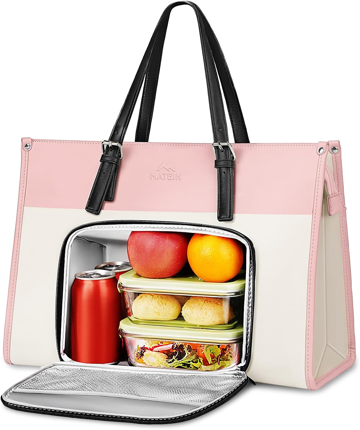 MATEIN Lunch Tote Bag for Women, 15.6 Inch Laptop Purse with Lunch Compartment, Waterproof PU Leather Briefcase with Insulated Pocket, Office Handbag for Work, Daily Use, Gifts for Ladies, Beige Pink