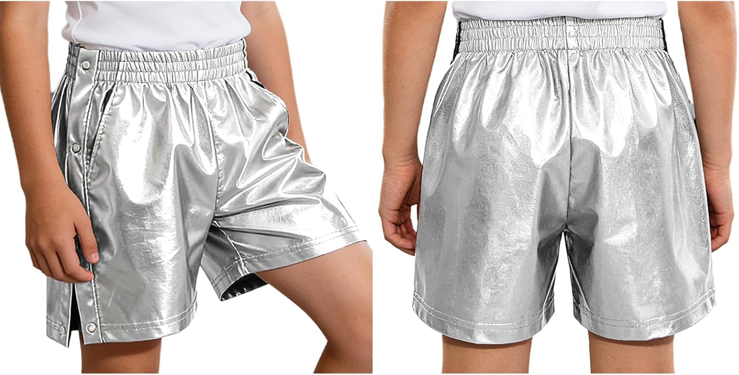 Unisex Kids Shiny Metallic Tear Away Shorts Side Press Buttons Dance Hot Pants Dance Costumes