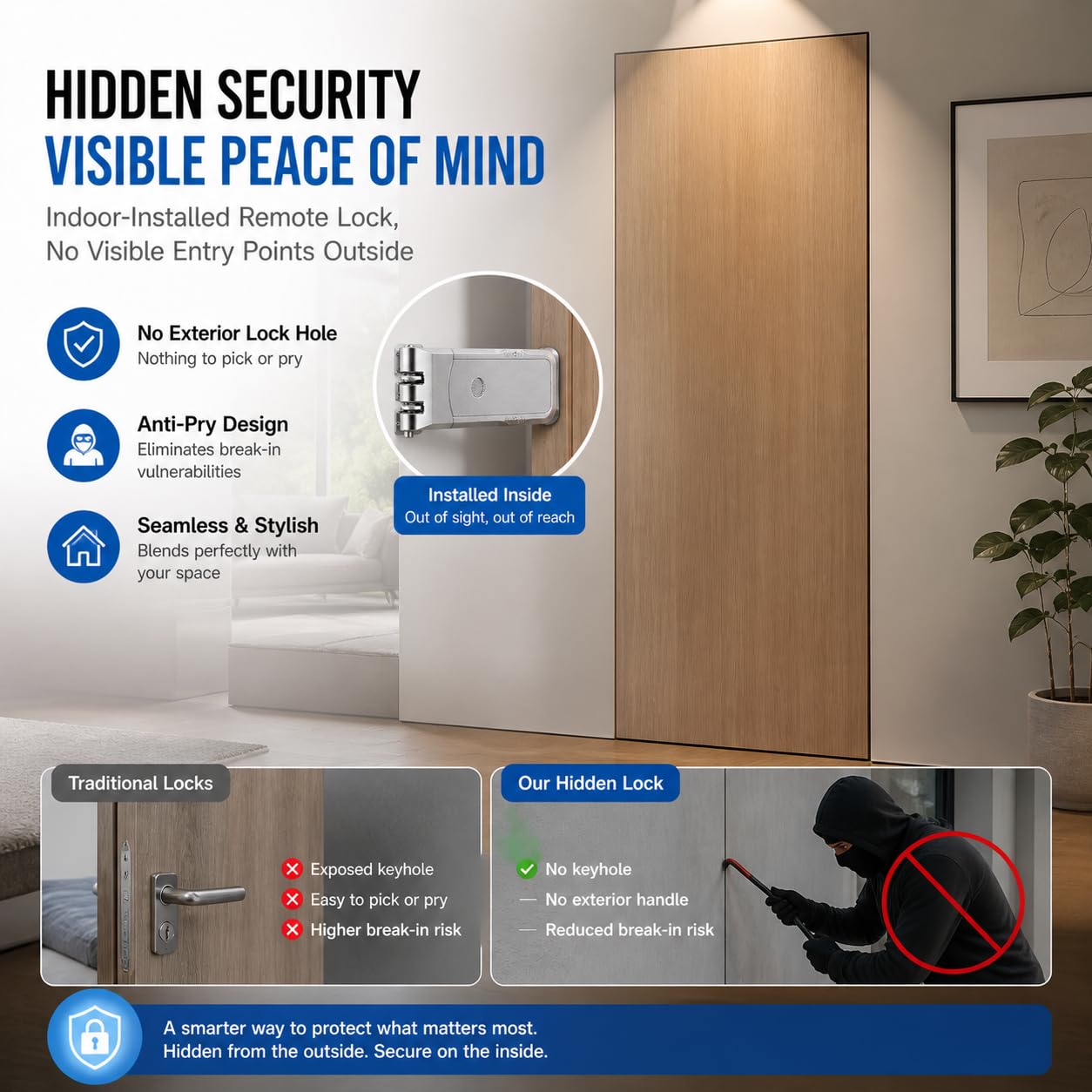 Cerradura de puerta oculta con 4 mandos a distancia | Entrada sin llave, cerrojo electrónico, diseño invisible, para seguridad del hogar, instalación sin herramientas