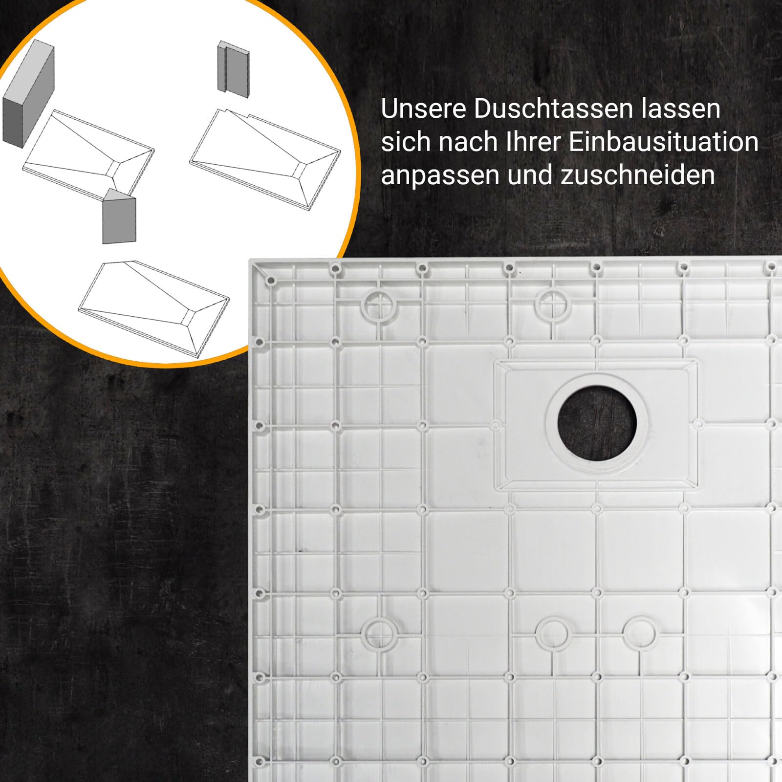WITEN&NOCK SMC Duschwanne 170x80cm weiß Antirutsch Höhe 32mm inkl. Siphon | Superflach Duschtasse Steinoptik inkl. Edelstahl-Abflussrinne & Ø 90 mm Ablaufgarnitur, bruchfest, zuschneidbar, hygienisch