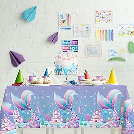Gatherfun Mermaid Party Supplies Set: 2-Pack Rectangular Plastic Tablecloths, 54 x 108 Inches, Purple (Gradient) Mermaid Pattern, Kids & Girls 1st Birthday Decorations