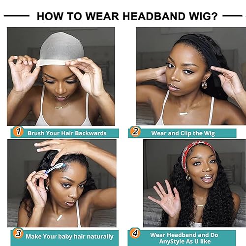Miniatura 5 de Peluca de cabello humano rizado con diadema para mujeres negras, sin pegamento, para principiantes, sin encaje frontal, color natural, 16 pulgadas