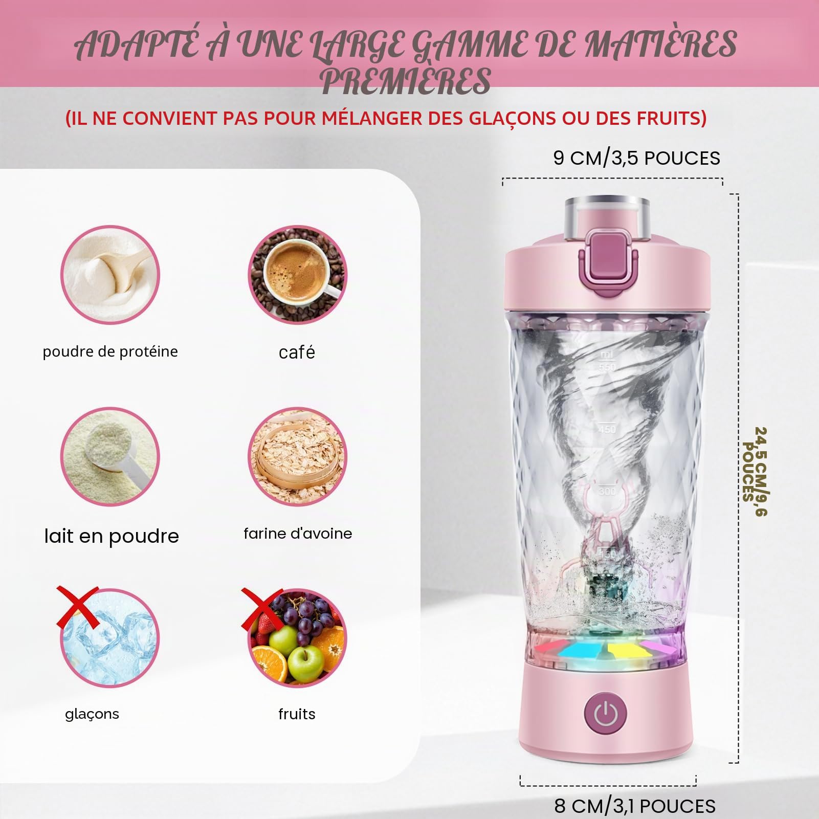 SOARFLY Shaker électrique avec compartiment à poudre, 650 ml, rechargeable, avec USB C, pour poudre et milkshake, sans BPA, rose