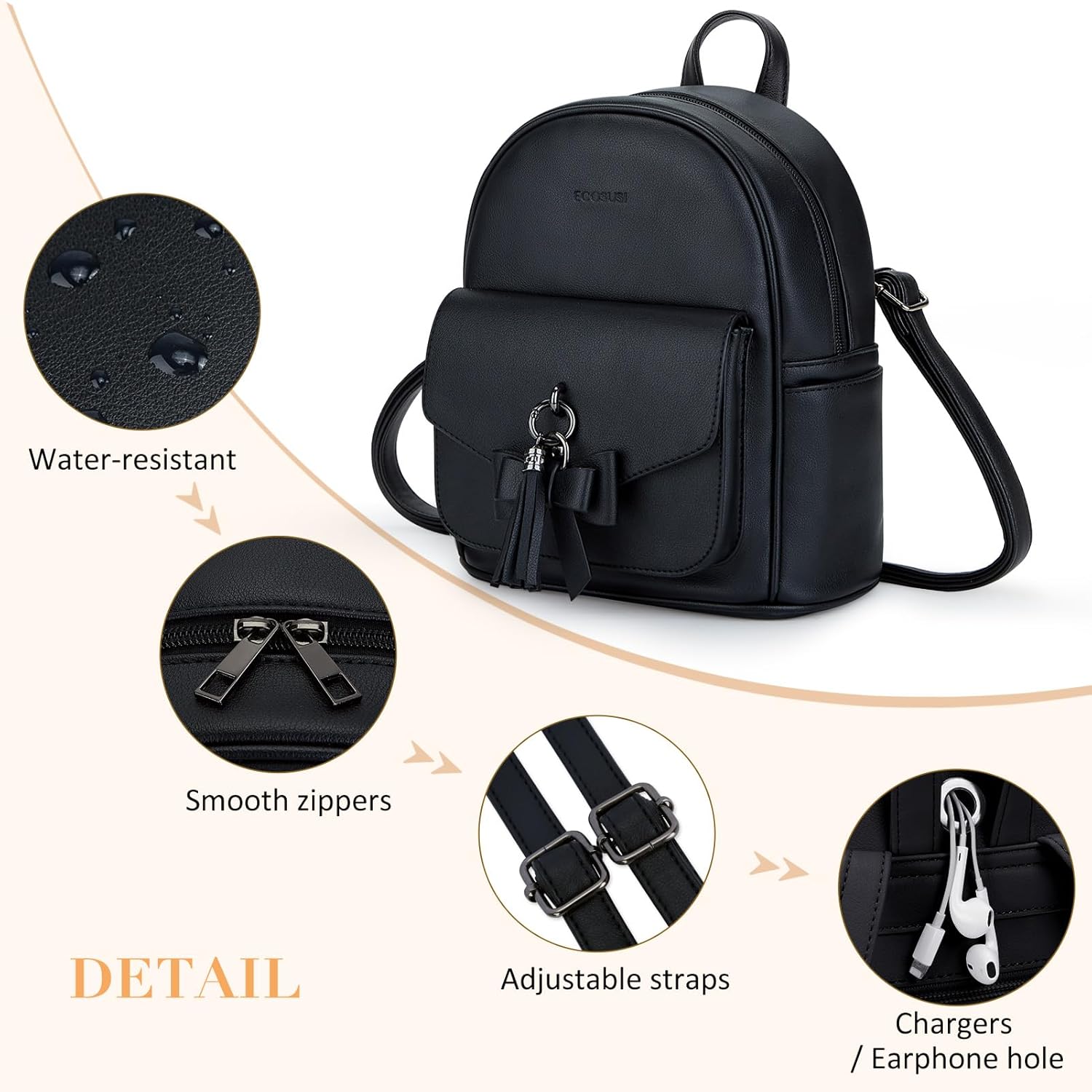 ECOSUSI Mini Backpack for Women Girls Cute Bowknot Small Backpack Purse Ladies Leather Bookbag Satchel Bag, with Charm Tassel - Image 5
