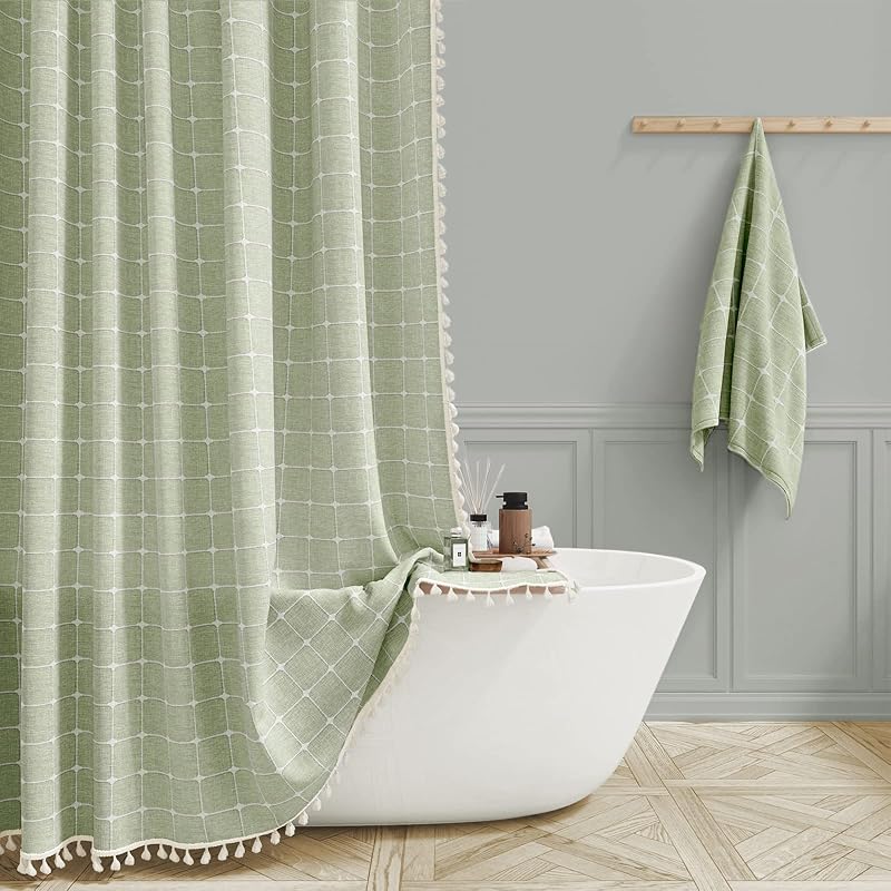 BTTN Sage Green Boho Farmhouse Linen Heavy Duty Shower Curtain Set, 72x72 | 330GSM Linen Blend, Classic Plaid, 3-side Tassels, Water Repellent Fabric, 12 Plastic Hook, Rustic Bohemian, Machine Washable