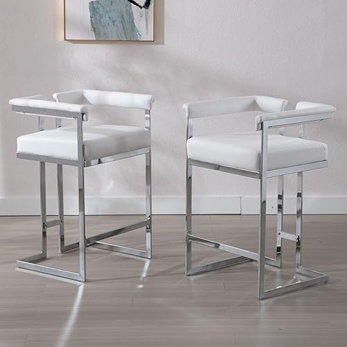 Miniatura 6 de DUOMAY Juego de 2 taburetes de bar modernos, taburete de 26 pulgadas de altura de mostrador con acabado cromado, silla de cocina tapizada de piel