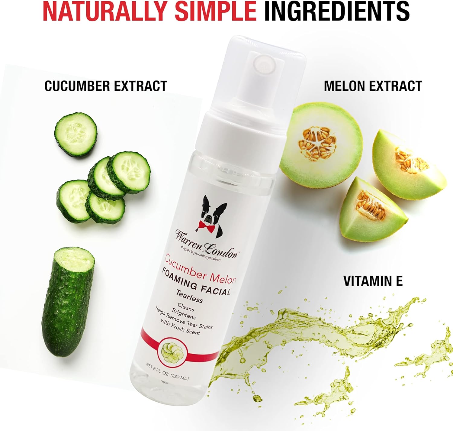 Warren London Foaming Pet Facial – Tear Free Dog Face Wash & Tear Stain Remover | Gentle Puppy & Dog Face Shampoo | Cucumber Melon Scent | Made in USA | 1 Gallon Refill