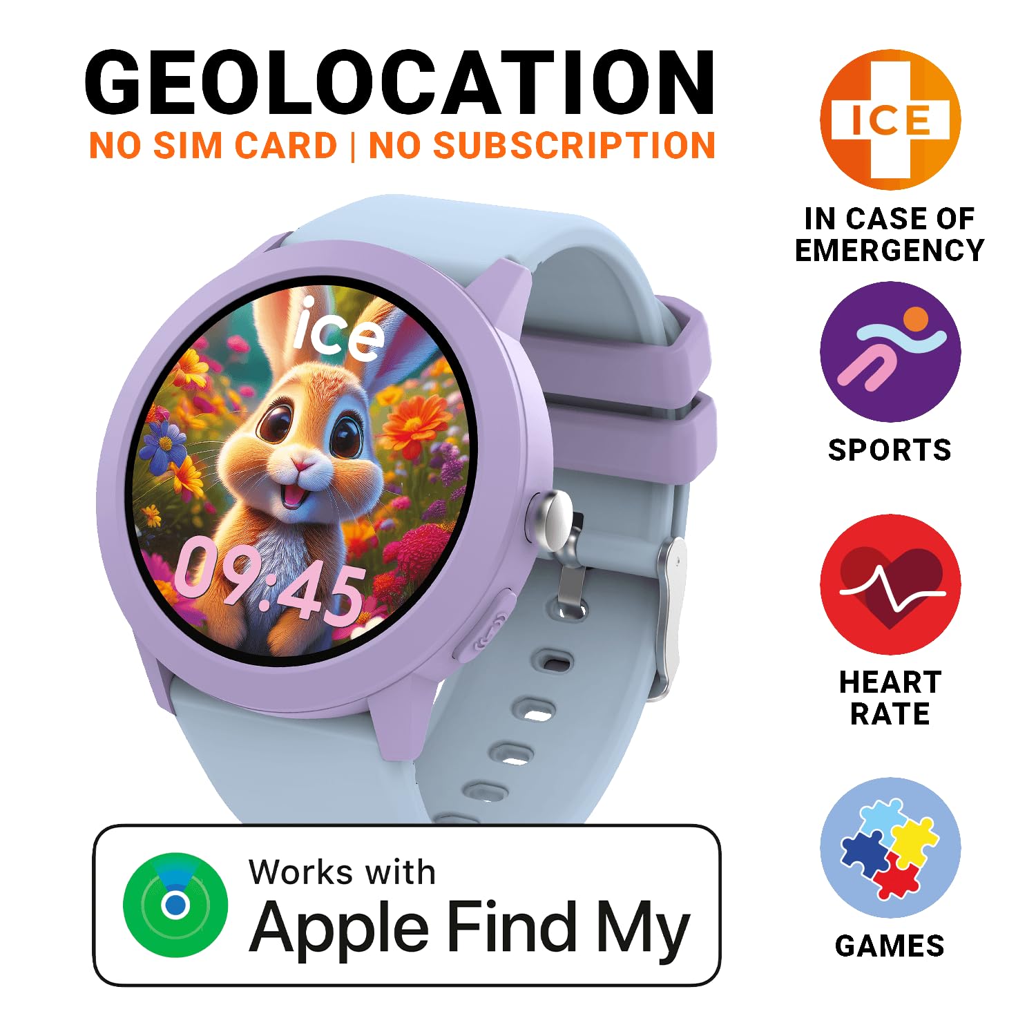 ICE-WATCH - Ice Smart Junior RD Find My Purple Soft Blue - Montre connectée géolocalisable Violette avec Bracelet en Silicone - 025442 (39mm) - Compatible Find My, sans abonnement et sans Carte SIM