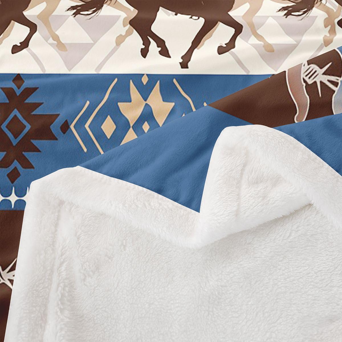 Feelyou Western Sherpa Blanket Plush Fuzzy Southwestern Fleece Throw Blanket Boys Girls Horse for Bed Couch Chair Living Room Galloping Horse Bedroom Decor Tribal Blue 40"x50" image 3