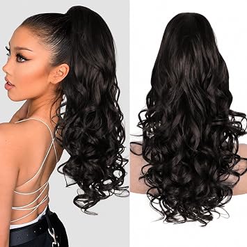 24 Inch Natural Black Curly Ponytail Hair Extension with Easy Clip for Added Length & Voluminous Style - Heat-Friendly Synthetic Piece for Women in Deep Chocolate, Dark Brown & Chestnut Golden