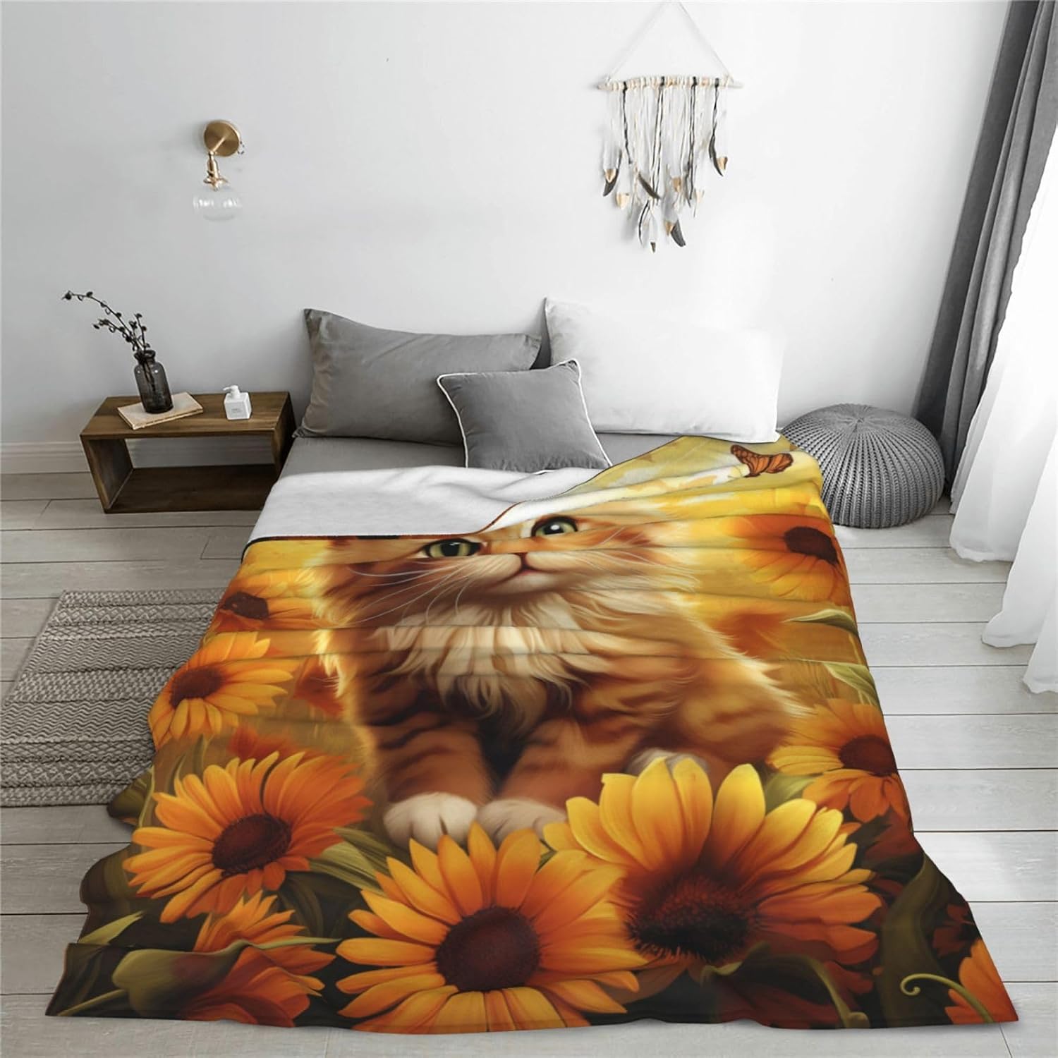 Cute Cat Blanket Gifts for Girls Women Kids Soft Warm Lightweight Cozy Animal Sunflower Cat Throw Blankets for Couch Bedroom Sofa Living Room Decor 50x60in - Image 4