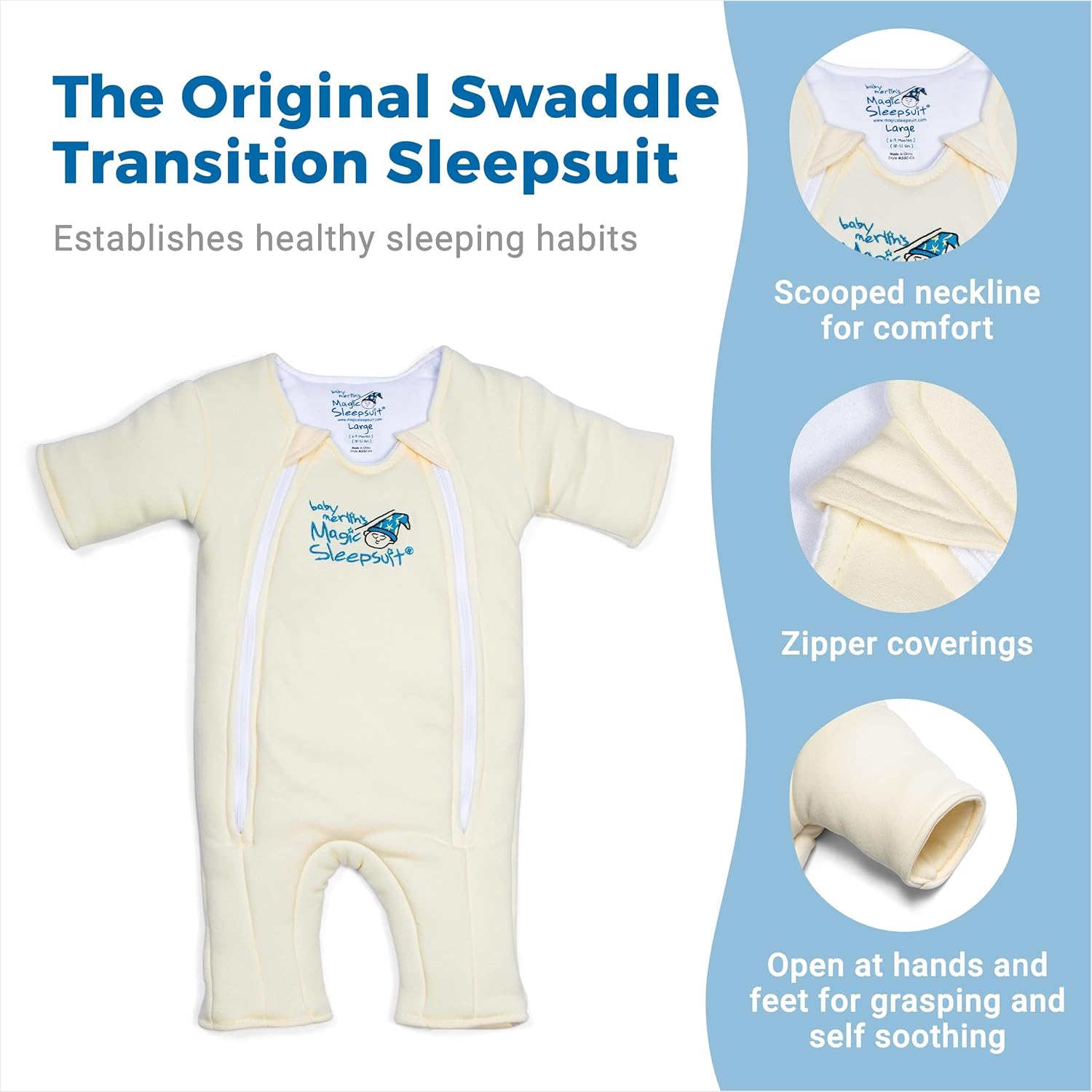 Magic Sleepsuit Baby Merlin's Microfleece Baby Swaddle Transition Product - Soft and Cozy Design, Double Zipper for Easy Diaper Changes, Promotes Safe Sleep, 3-6 Months - Cream - Small 12-18lbs