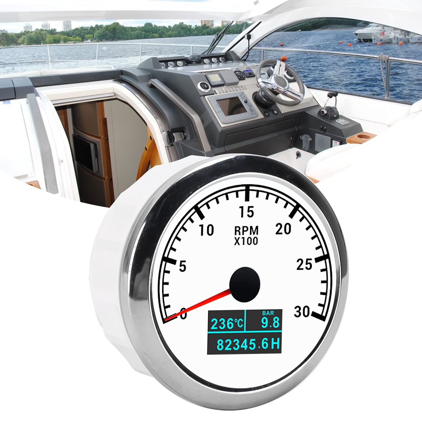 Tacómetro de Puntero, Tacómetro RPM de Acero Inoxidable ABS RPM RPM Instalación Fácil para la Modificación del Automóvil Barcos de Automóvil (esfera blanca)