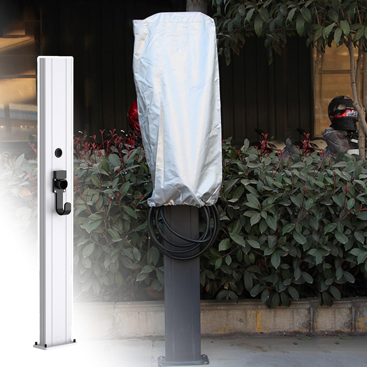 Weatherproof EV Charger Stand with Cable Management for, Free-Standing Electric Vehicle Charging Station, Durable Hooded Pedestal (White)