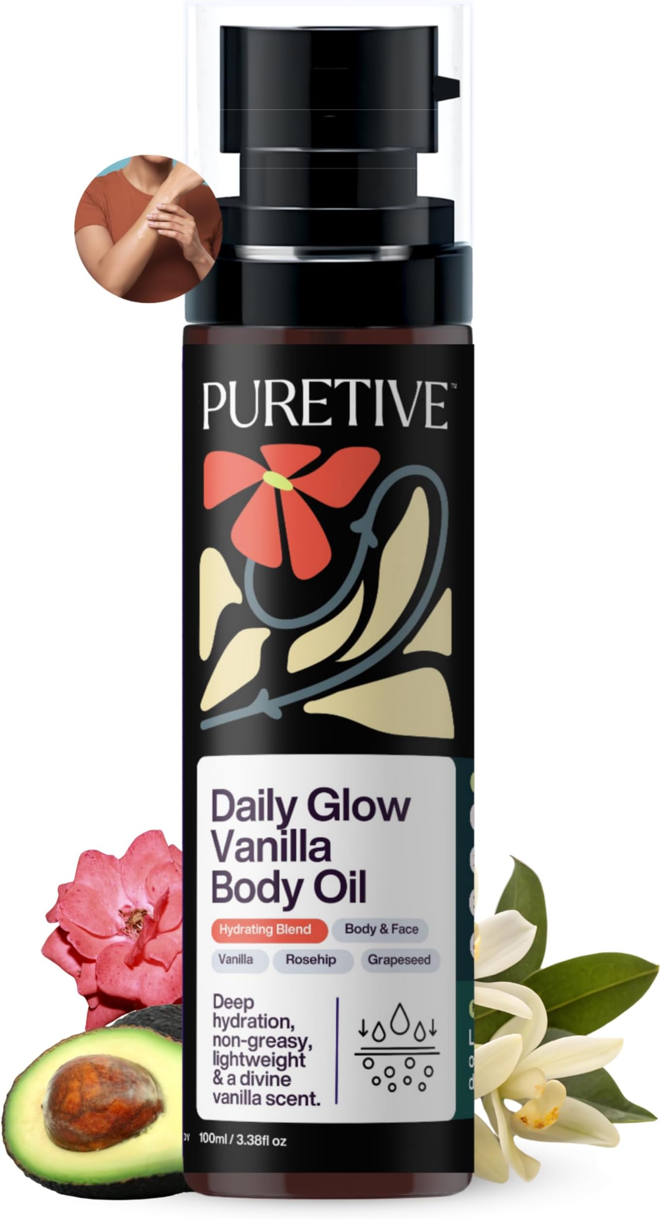 Daily Glow Body Oil | Fast-Absorbing Non-Sticky Moisturizing Body Oil for Winter Dry Skin | Rosehip, Avocado, Grapeseed | Deep Hydration for Radiant, Soft & Smooth Skin | Warm Coffee Vanilla Aroma (100ml)