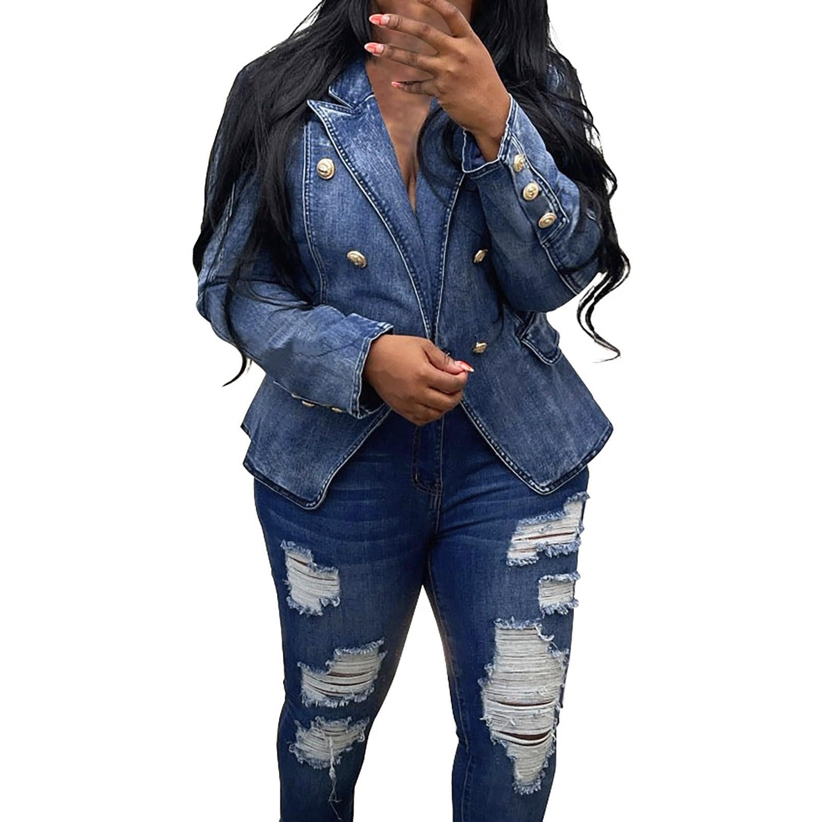 Generisch Jeans Blazer Damen Tailliert - Jeansjacke Damen Kurz