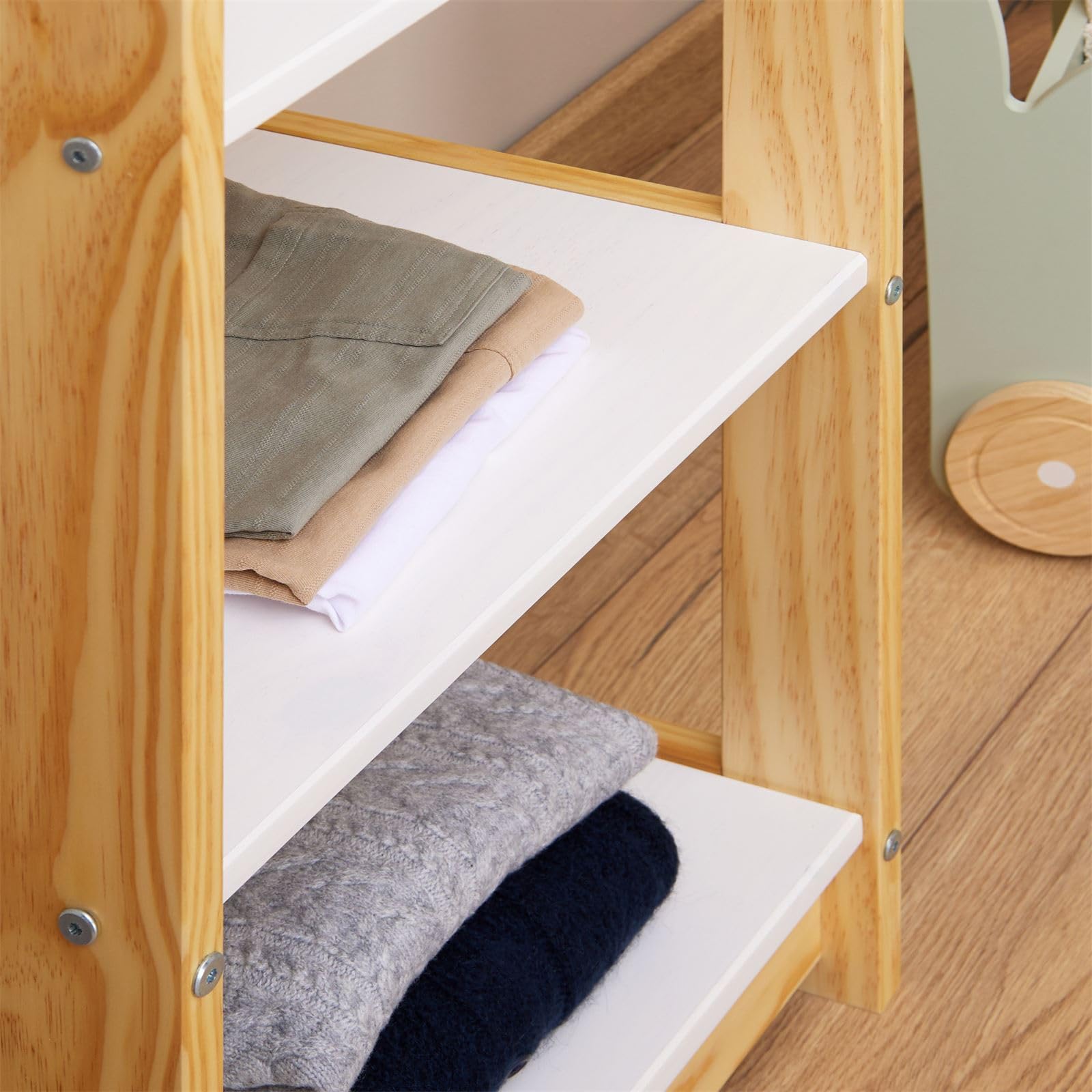 IDIMEX Children's Clothes Rack Sally House Shape Nature/White Montessori Open Wardrobe Made of Pine with 7 Holes for Hangers, 4 Shelves, 3 Hooks - Coat Rack for Children's Room