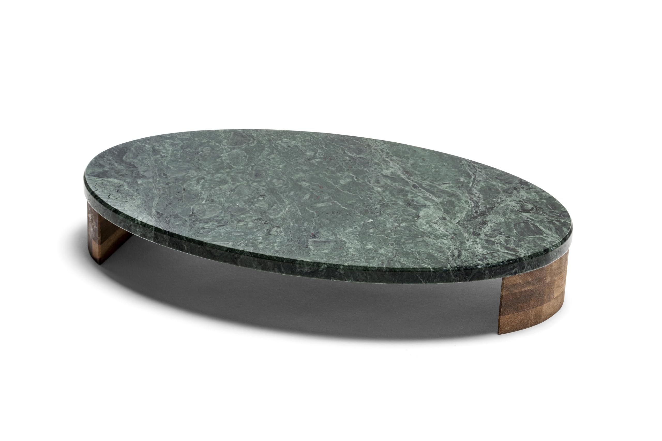 apollo THE HOUSEWARES BRAND Green Marble Oval Serving Platter with Acacia Wooden Feet, Cool Surface for Food Prep & Presentation, Cutting and Chopping Board, 30x25x5cm