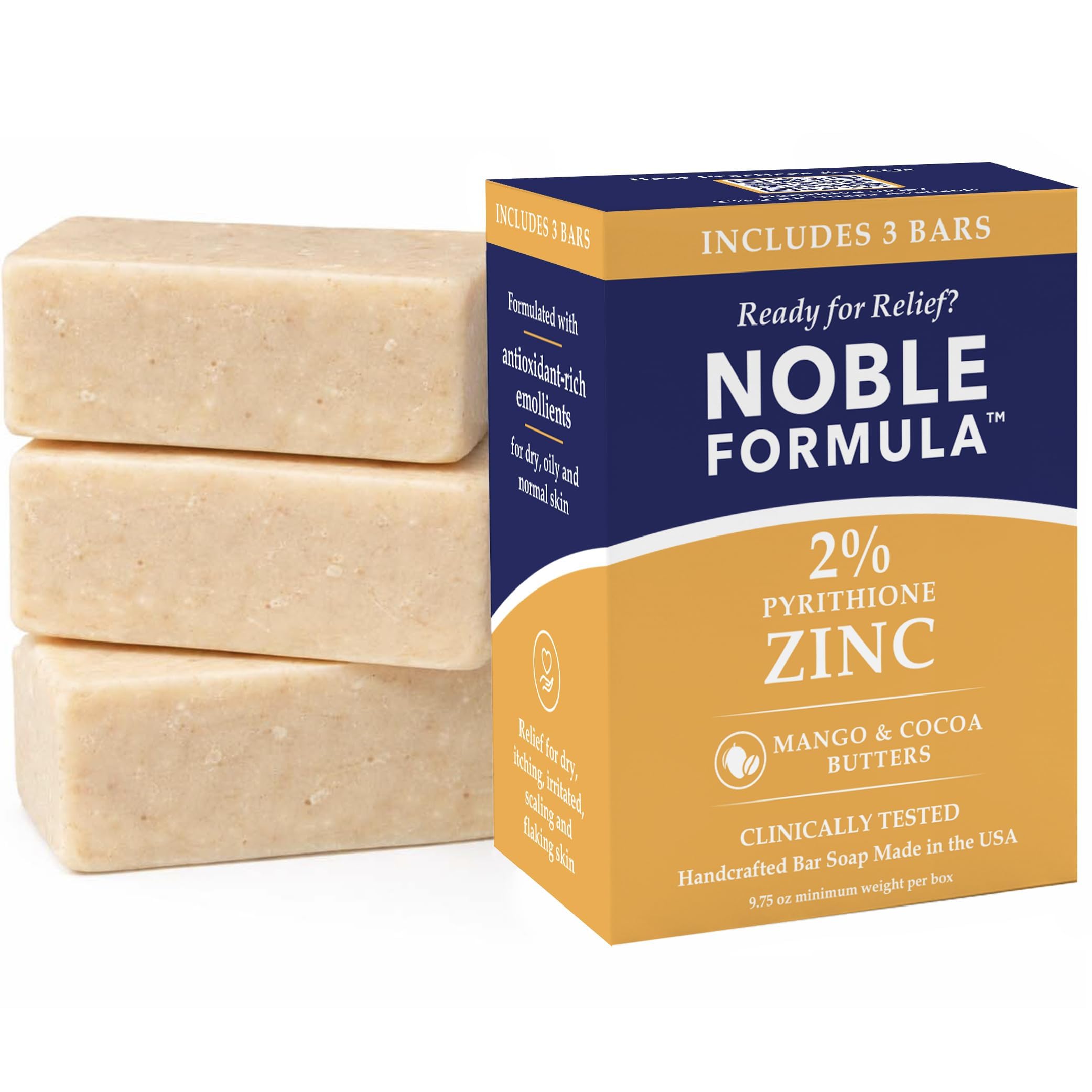 Noble Formula 2% Pyrithione Zinc (ZnP) Bar Soap, Vegan Mango and Cocoa Butter for All Skin Types Including Those With Acne, Psoriasis and Eczema, 3.25