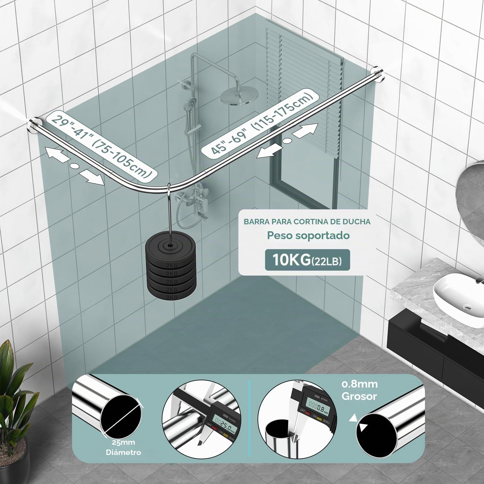 Barra Cortina Ducha Sin Taladro, Barra Extensible de Acero Inoxidable 304 Incluye 18 Anillos, 75-105 x 115-175cm, Sin Soporte de Techo, Barra de Cortina de Ducha Esquina Para Bañera y Ducha, Plata