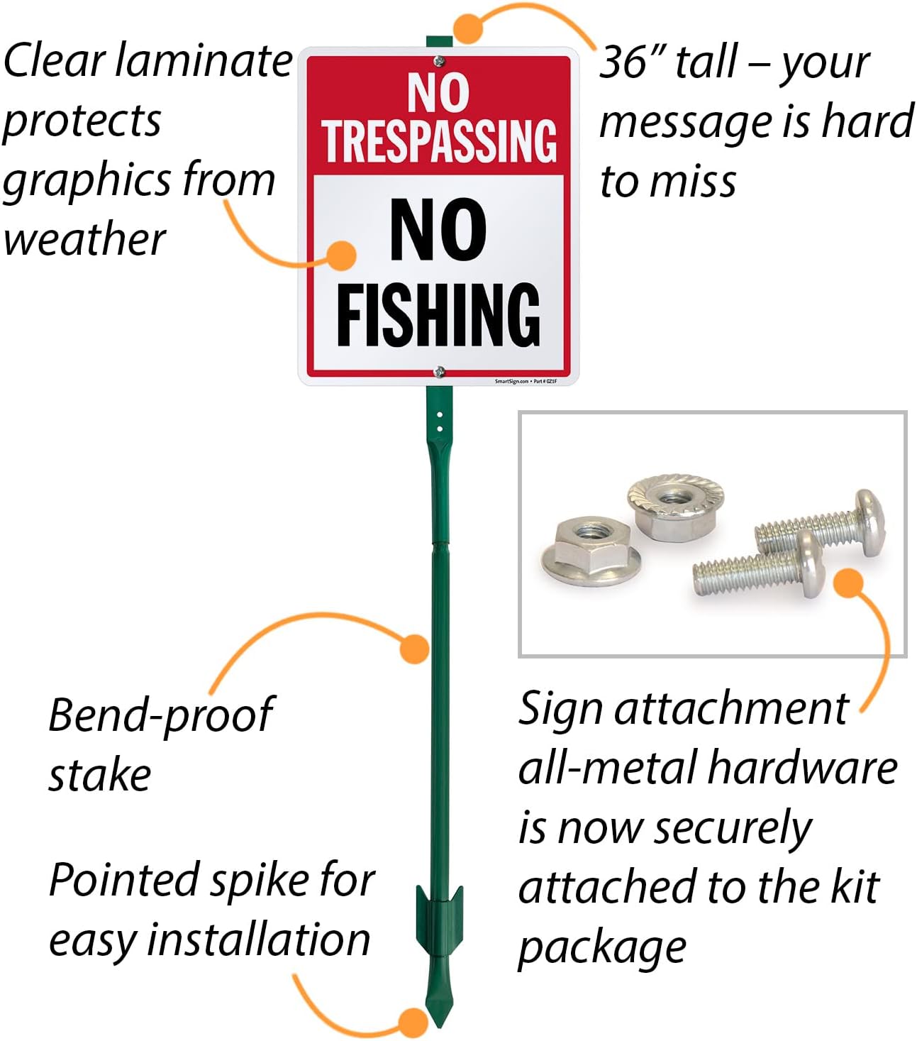 SmartSign 12 x 10 inch “No Trespassing - No Fishing” LawnBoss Yard Sign with 3 foot Stake, 40 mil Laminated Rustproof Aluminum, Red and White, Set of 1, Made in USA