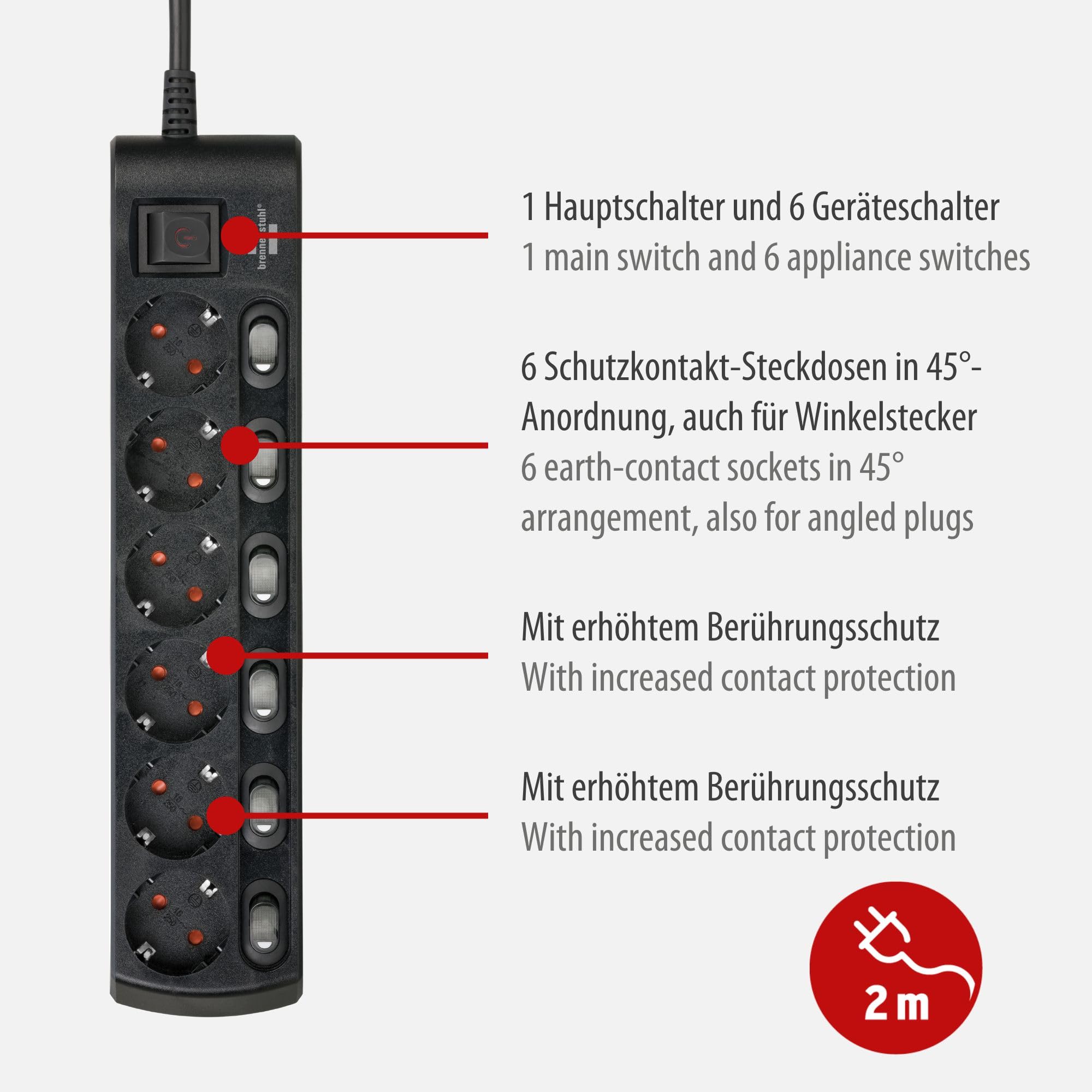 Brennenstuhl regleta de enchufes con 6 Tomas de Corriente (regleta eléctrica con 1x Interruptor Principal y 6X interruptores para aparatos, Cable de 2m, Mayor protección contra contactos) Negro