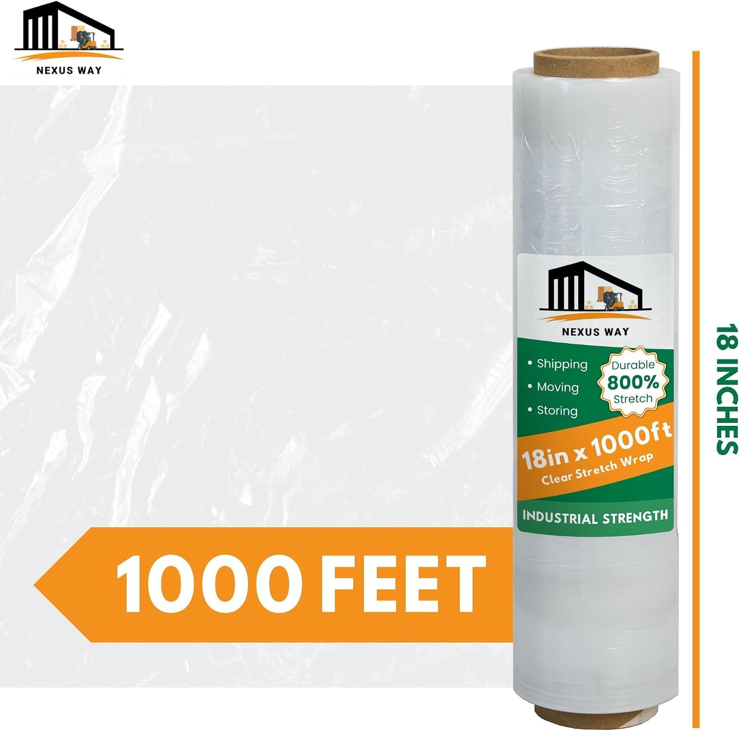 NEXUSWAY 18'' Stretch Film Wrap for Moving - Stretch Film Pallet Wrap Roll Heavy Duty 1000 feet 80 Gauge Industrial Strength up to 800% Stretch 20 Microns for Shipping Moving Furniture (Pack of 6)