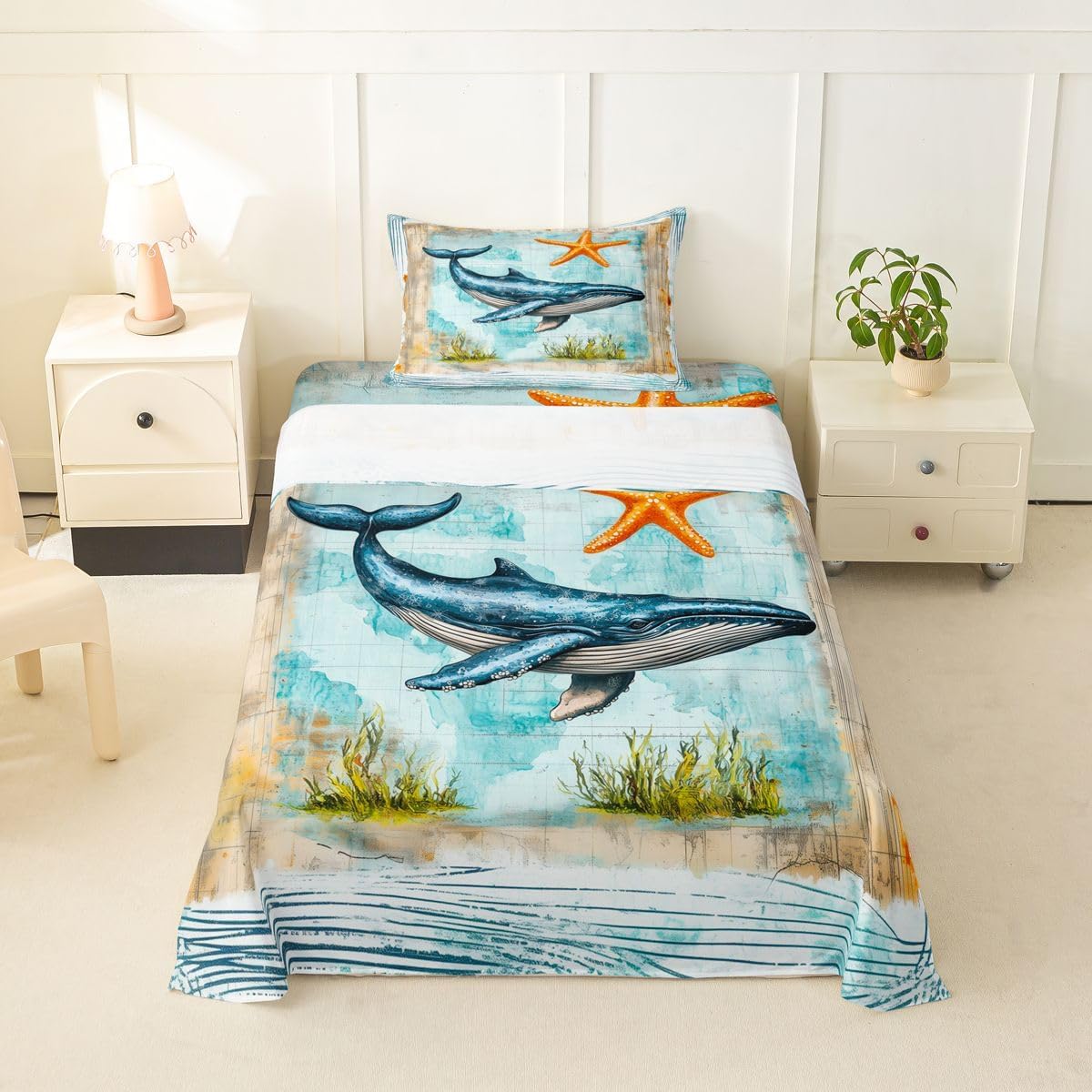 jejeloiu Sea Turtle Bed Sheets Set Twin Size Ocean Bed Set Reptile Tortoise Deep Pocket Fitted Sheet Coastal Breathable Soft Lightweight Microfiber