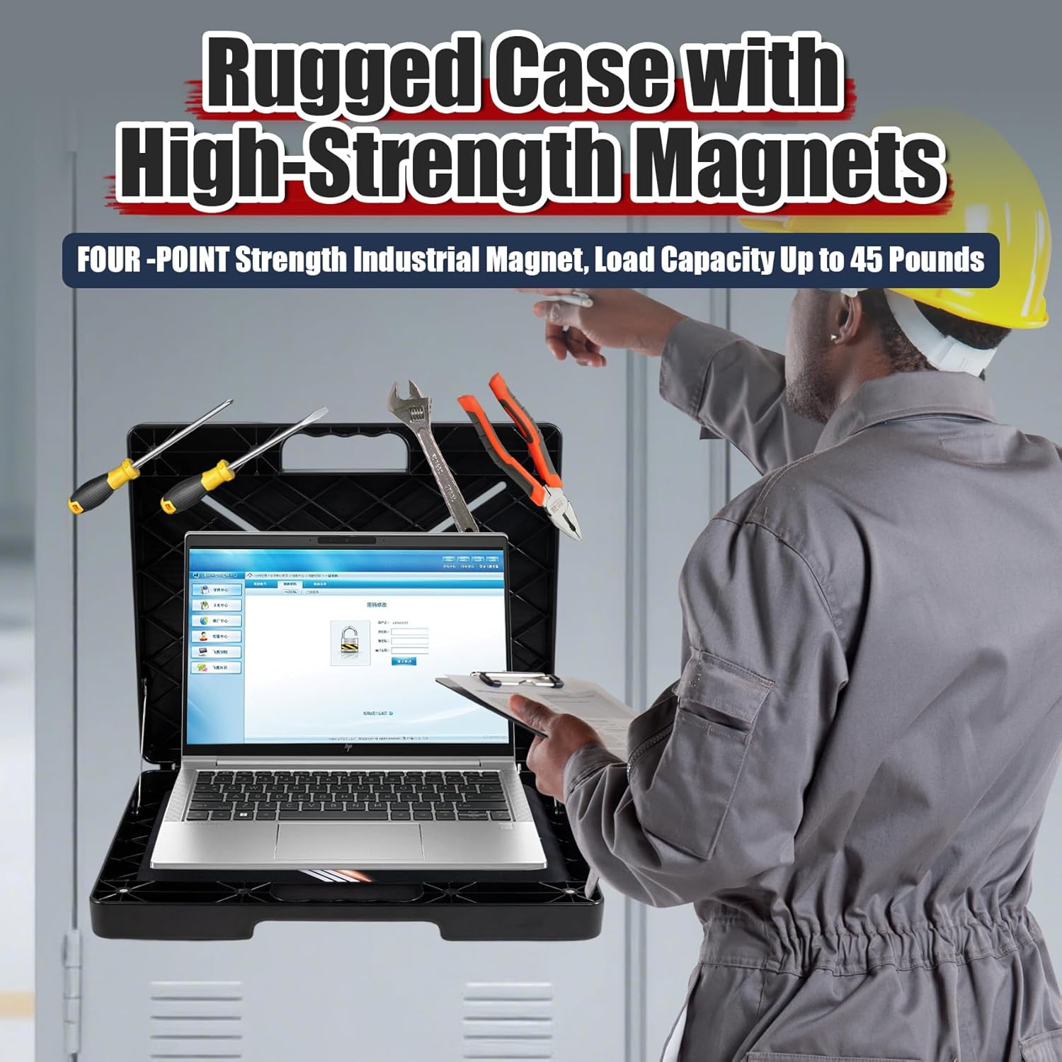 Magnetic Laptop Stand, Portable Workstation with 4 Super Magnets, Rated to 45 lbs, Magnetic Toolbox, Hands Free Workstation, Attach to HVAC, Trucks, Walls, Poles etc
