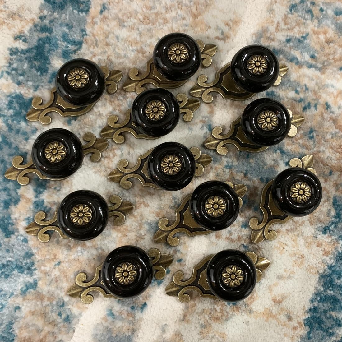 Retro Ceramic Cabinet Knobs, [12 Pack] Antique Vintage Dresser Knobs with Backplate, Drawer Pull Handles for Kitchen/Dresser Drawer/Cupboard/Wardrobe, Black
