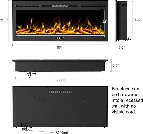 Miniatura 5 de Northwest - Chimenea eléctrica de 50 pulgadas, ventilación frontal para montaje en pared o empotrada, llama LED realista, troncos falsos y opciones