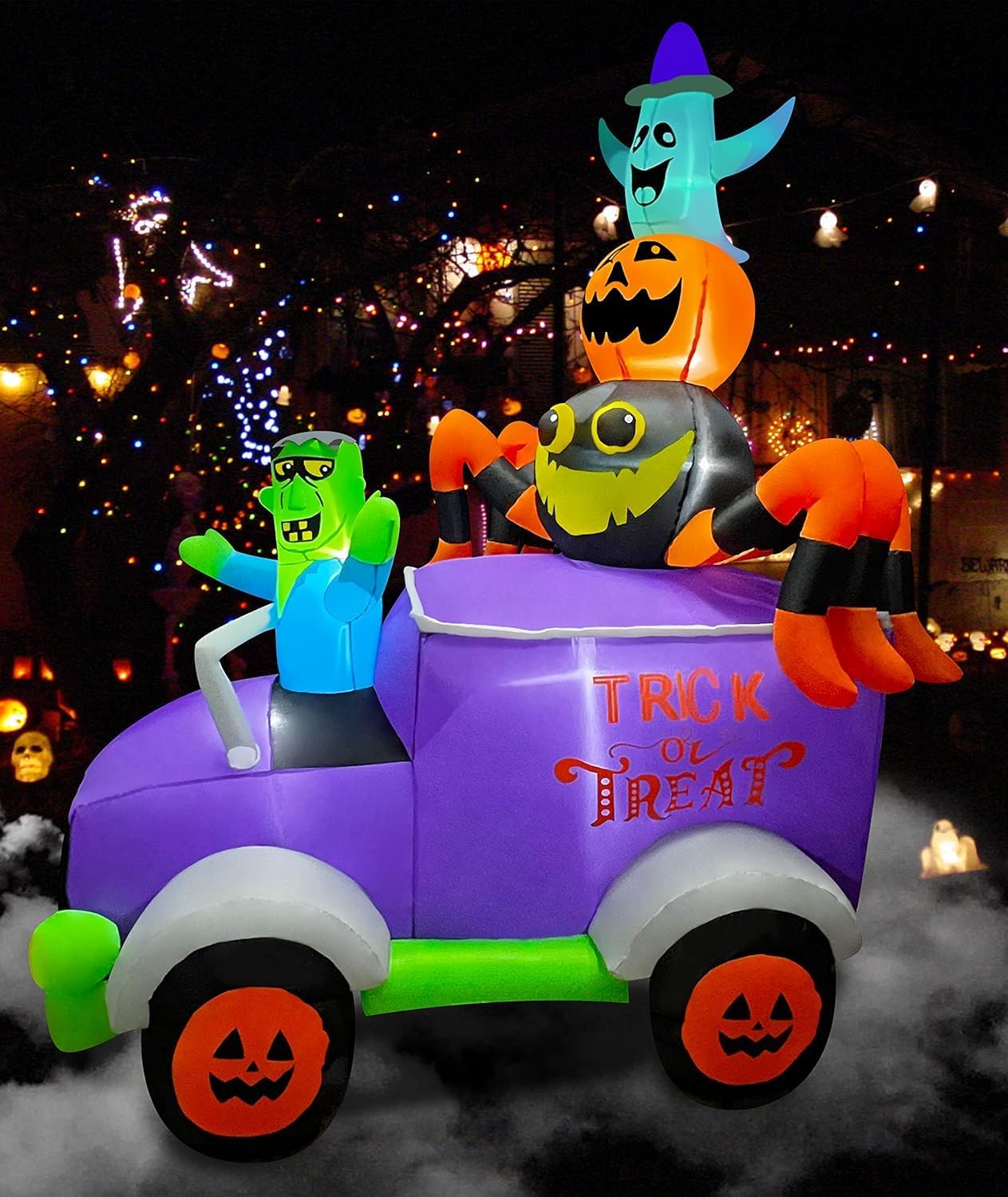 BLOWOUT FUN 8ft Halloween Inflatable Horror Frankenstein Driving A Car with Spider, Pumpkin and Ghost, LED Blow Up Lighted Decor Indoor Outdoor Holiday Art Decorations